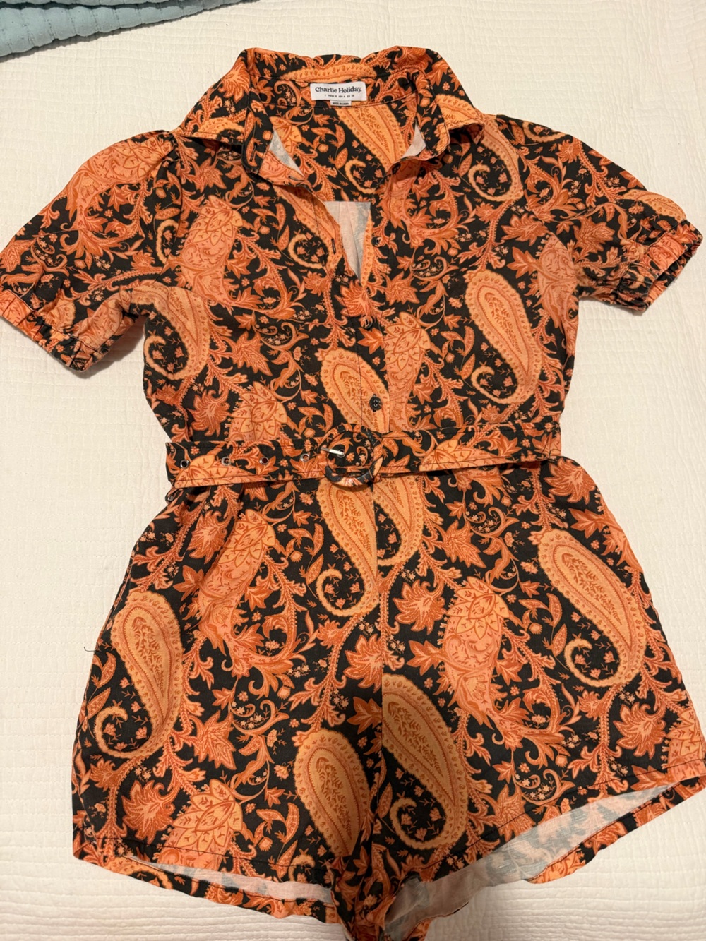 Charlie Holiday Orange and Black Paisley Romper